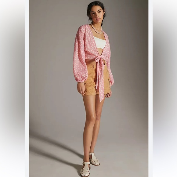 Anthropologie Pink Polka Dot Tie-Front Blouse - Picture 1 of 15